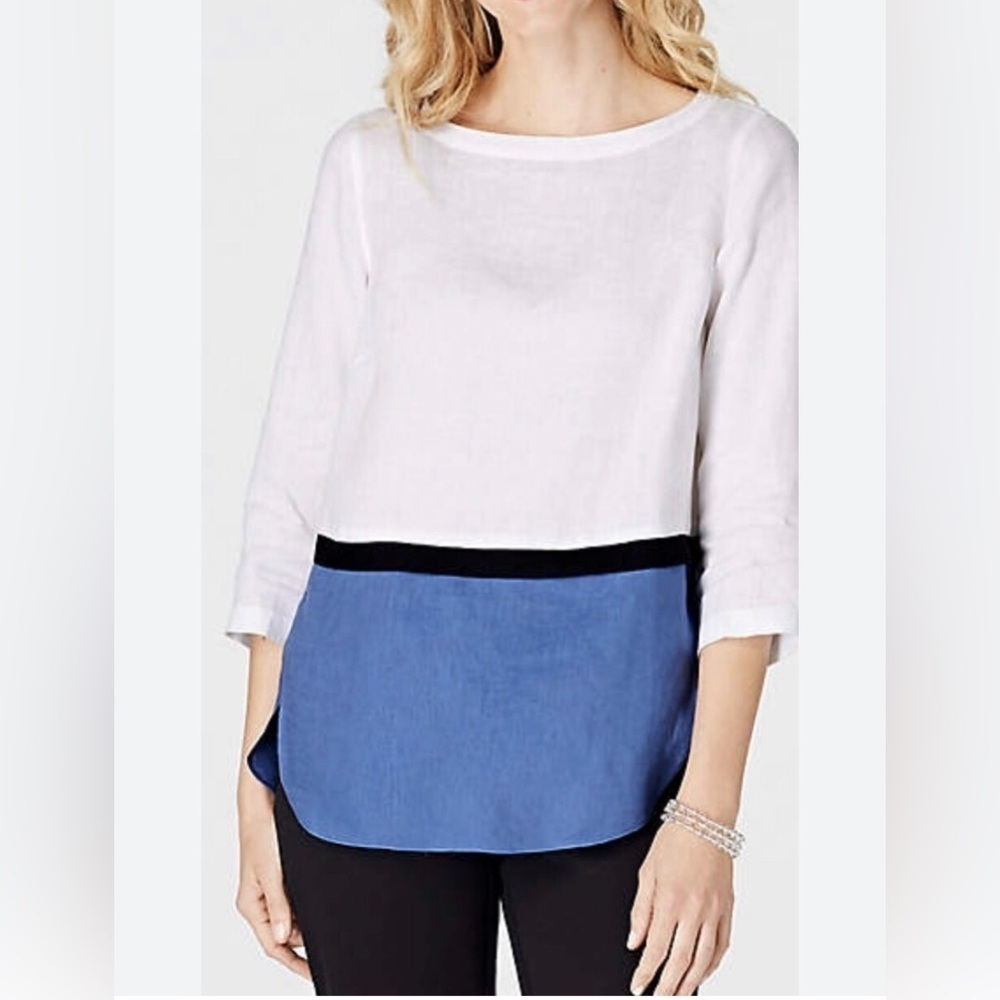 J. Jill 3/4 Sleeve 100% Linen Color Block Blouse Women's Size XS.